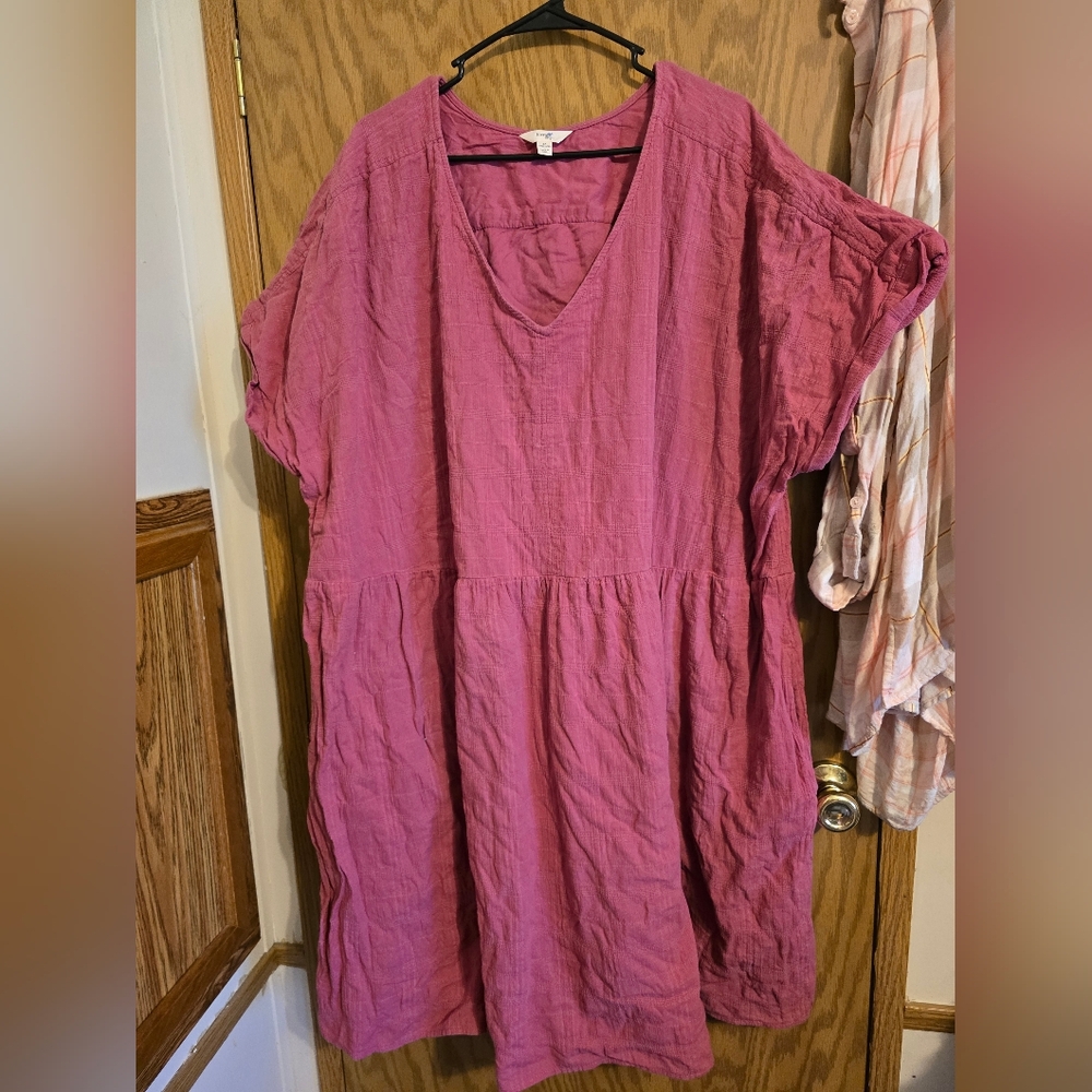 Women’s V-Neck Short Sleeve Tunic Dress – Raspberry Pink